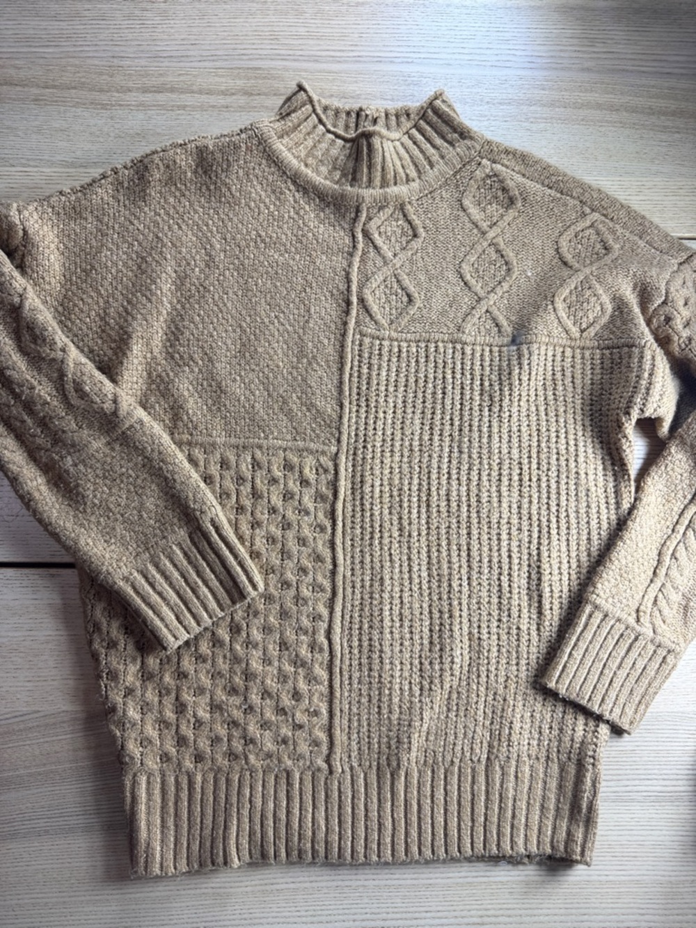 Vintage American Eagle Outfitters Tan Cable Patchwork‎ Turtleneck Sweater